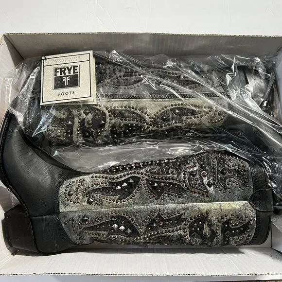Frye Deborah Deco Tall Studded Boots Size 6 Grey Leather